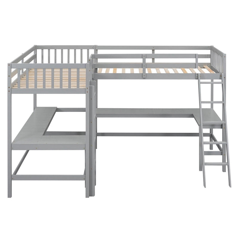 Letto a soppalco a L doppio con 2 scrivanie integrate e scaletta, legno massello, camera studio
