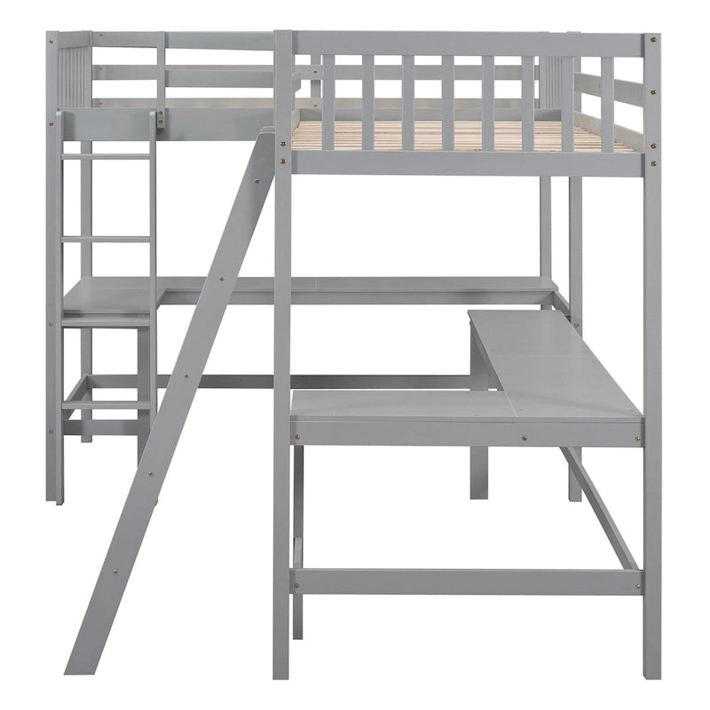 Letto a soppalco a L doppio con 2 scrivanie integrate e scaletta, legno massello, camera studio