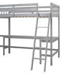 Letto a soppalco a L doppio con 2 scrivanie integrate e scaletta, legno massello, camera studio