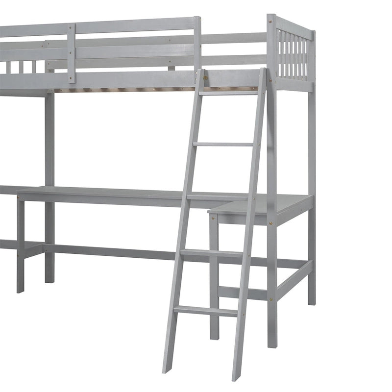 Letto a soppalco a L doppio con 2 scrivanie integrate e scaletta, legno massello, camera studio