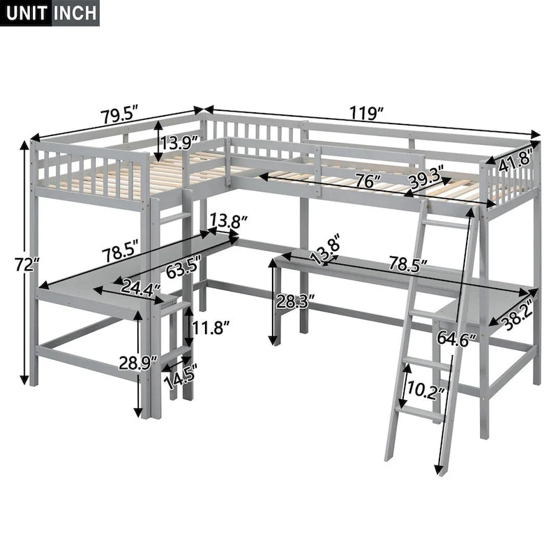 Letto a soppalco a L doppio con 2 scrivanie integrate e scaletta, legno massello, camera studio