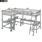 Letto a soppalco a L doppio con 2 scrivanie integrate e scaletta, legno massello, camera studio