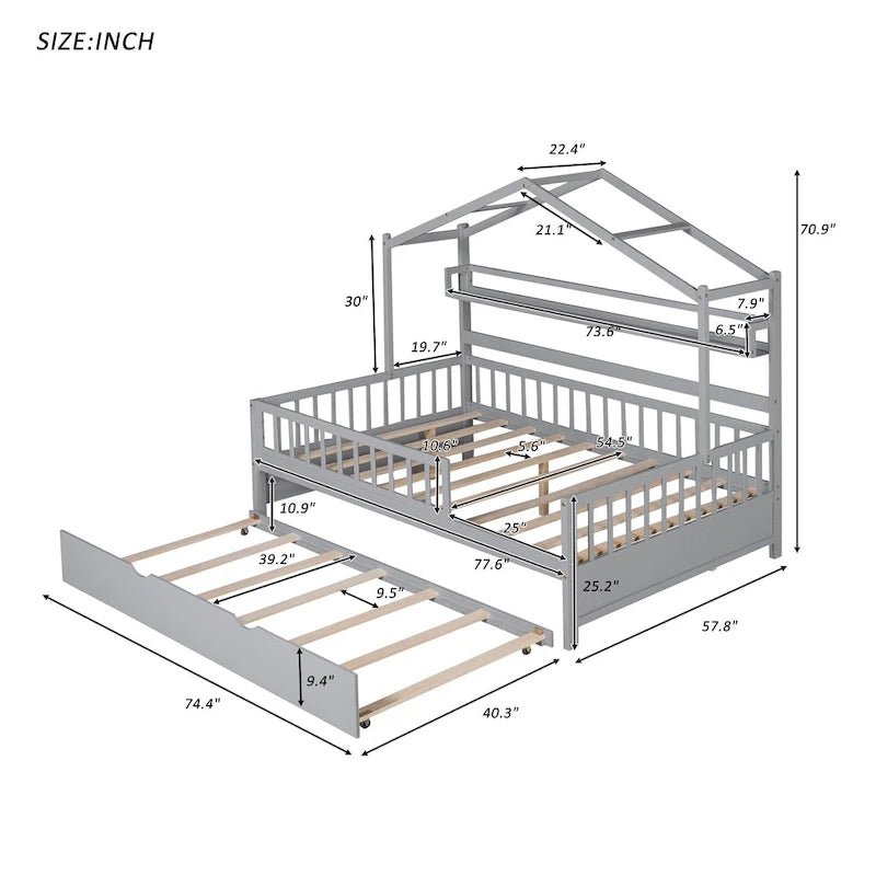 Letto a baldacchino in legno grigio a forma di casetta a grandezza naturale con letto estraibile singolo
