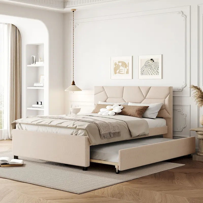 Letto imbottito a piattaforma con testiera a motivi a mattoni e letto estraibile singolo
