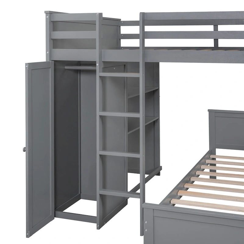 Letto a soppalco con letto a sé stante, scaffali, scrivania e armadio