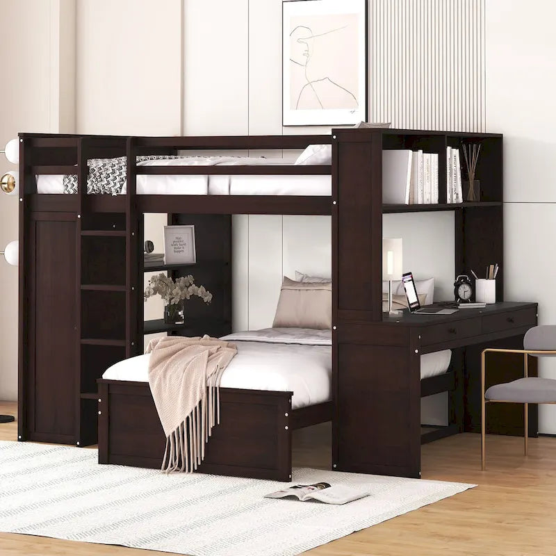 Letto a soppalco con letto a sé stante, scaffali, scrivania e armadio