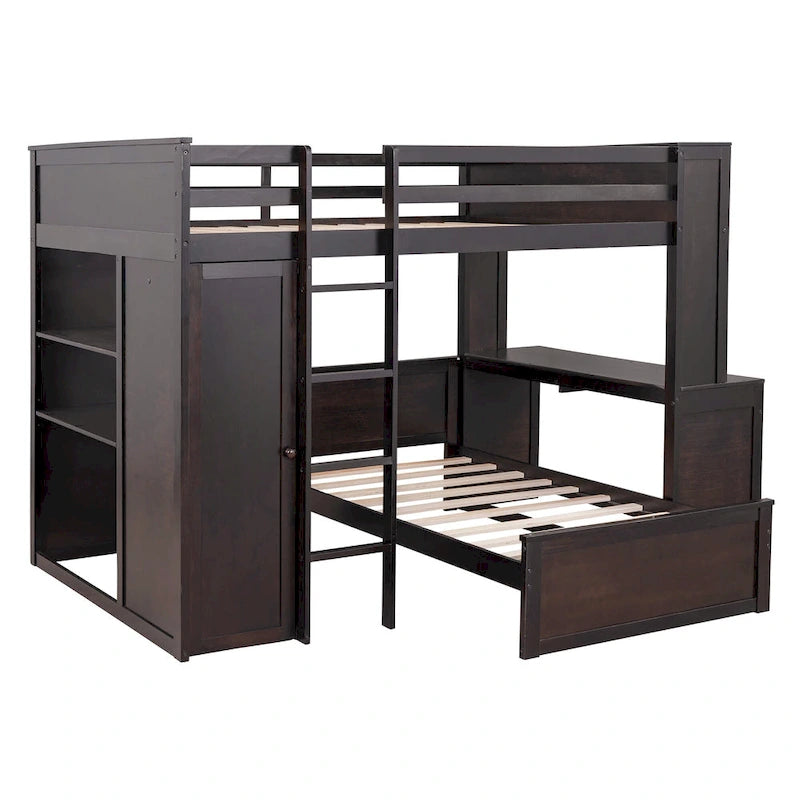 Letto a soppalco con letto a sé stante, scaffali, scrivania e armadio