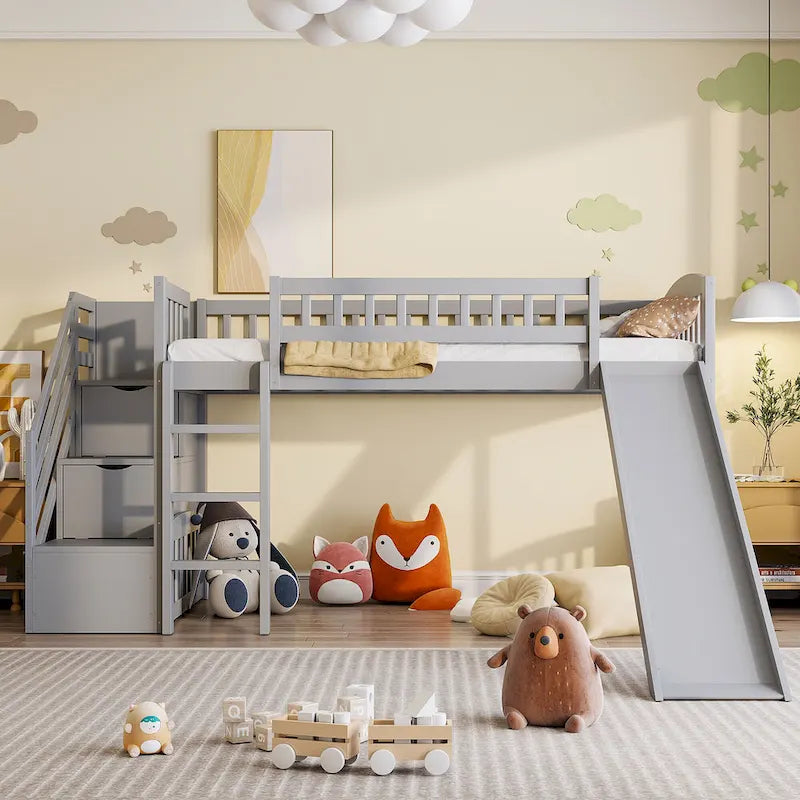 Merax Stairway Twin Size Loft Bed with Slide and Two Drawers