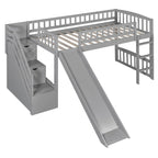 Letto a soppalco singolo con scala, scivolo e 2 cassetti portaoggetti, struttura in legno, cameretta per bambini
