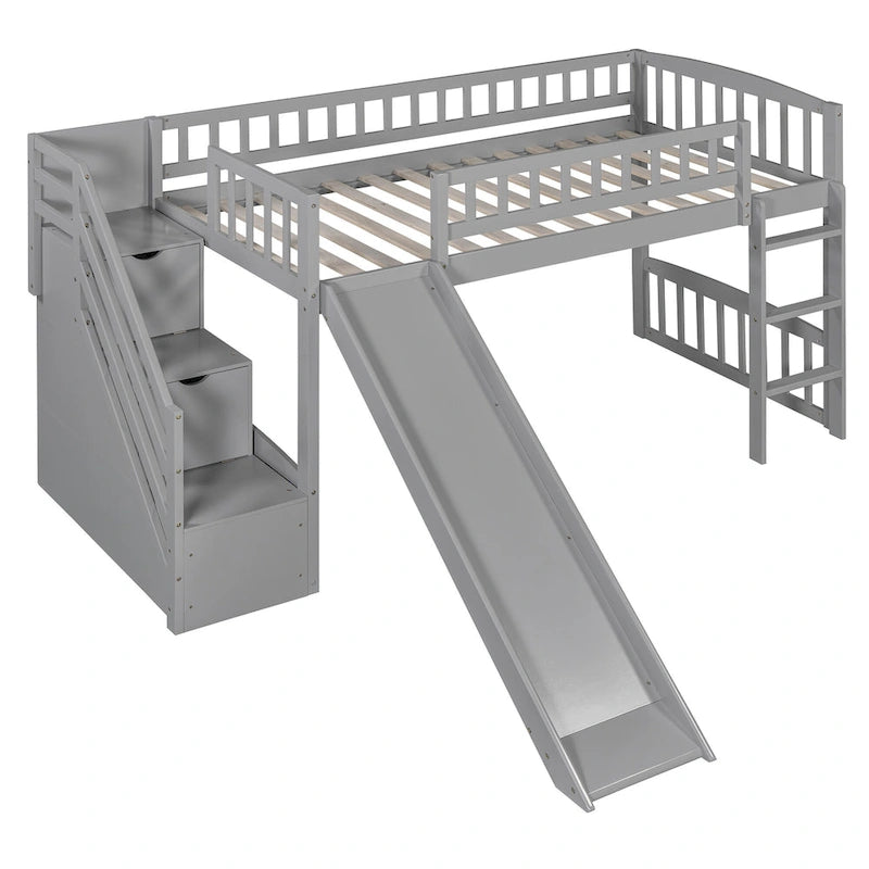 Letto a soppalco singolo con scala, scivolo e 2 cassetti portaoggetti, struttura in legno, cameretta per bambini