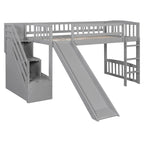 Letto a soppalco singolo con scala, scivolo e 2 cassetti portaoggetti, struttura in legno, cameretta per bambini