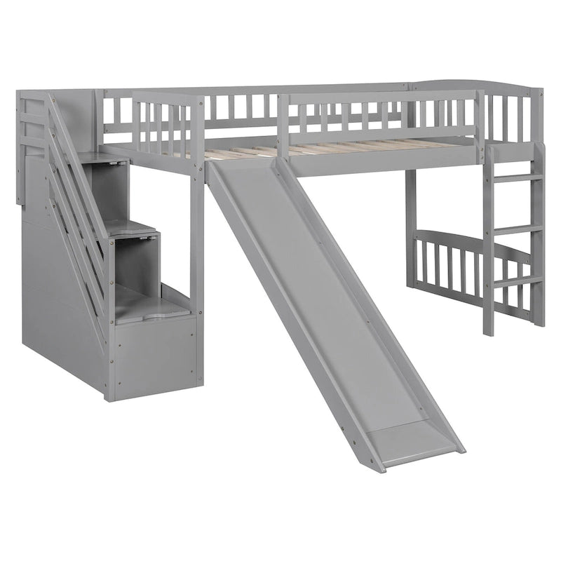Letto a soppalco singolo con scala, scivolo e 2 cassetti portaoggetti, struttura in legno, cameretta per bambini