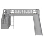 Letto a soppalco singolo con scala, scivolo e 2 cassetti portaoggetti, struttura in legno, cameretta per bambini