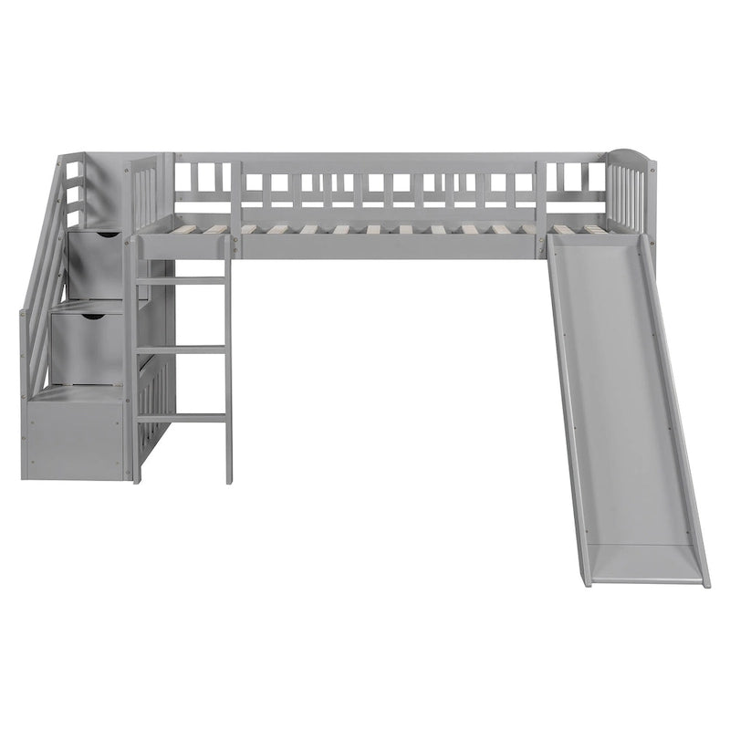 Letto a soppalco singolo con scala, scivolo e 2 cassetti portaoggetti, struttura in legno, cameretta per bambini