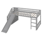 Letto a soppalco singolo con scala, scivolo e 2 cassetti portaoggetti, struttura in legno, cameretta per bambini