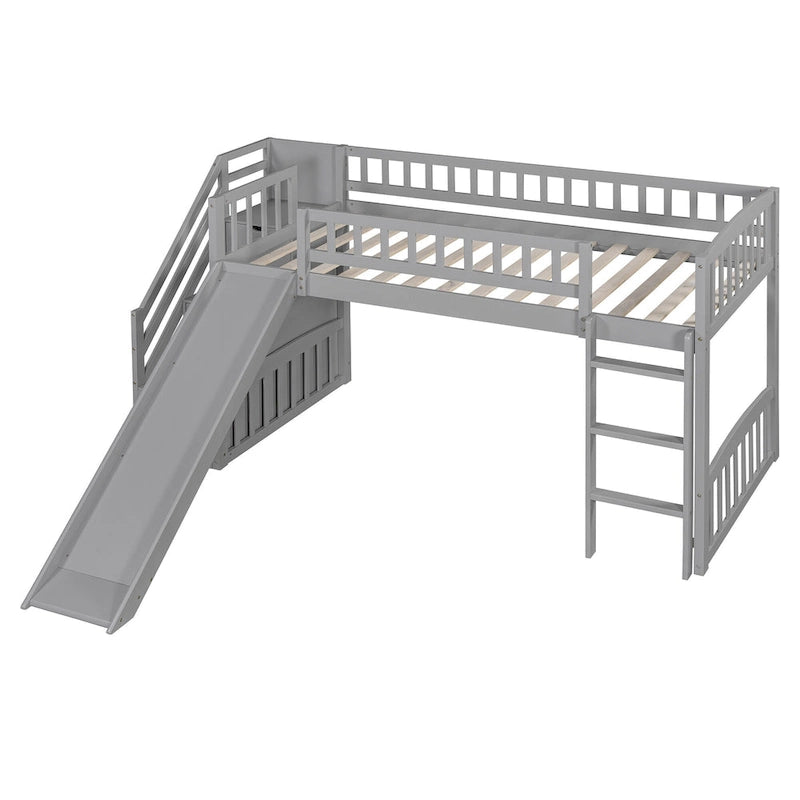Letto a soppalco singolo con scala, scivolo e 2 cassetti portaoggetti, struttura in legno, cameretta per bambini