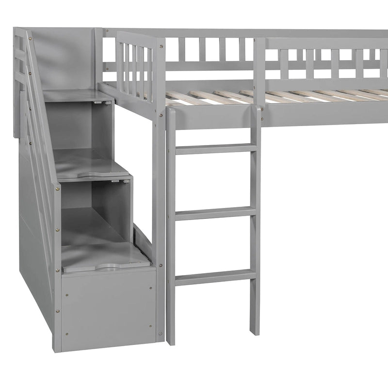 Letto a soppalco singolo con scala, scivolo e 2 cassetti portaoggetti, struttura in legno, cameretta per bambini