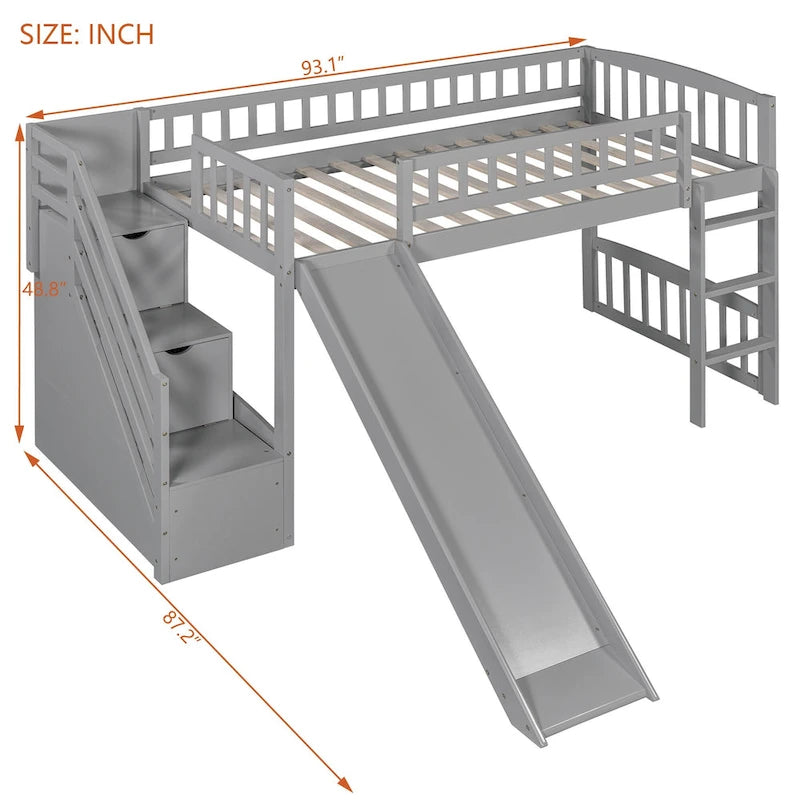 Letto a soppalco singolo con scala, scivolo e 2 cassetti portaoggetti, struttura in legno, cameretta per bambini