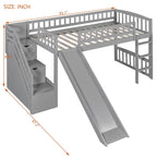 Letto a soppalco singolo con scala, scivolo e 2 cassetti portaoggetti, struttura in legno, cameretta per bambini