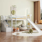 Letto a soppalco singolo con scala, scivolo e 2 cassetti portaoggetti, struttura in legno, cameretta per bambini