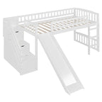 Letto a soppalco singolo con scala, scivolo e 2 cassetti portaoggetti, struttura in legno, cameretta per bambini