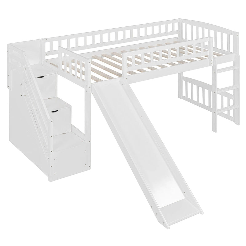 Letto a soppalco singolo con scala, scivolo e 2 cassetti portaoggetti, struttura in legno, cameretta per bambini