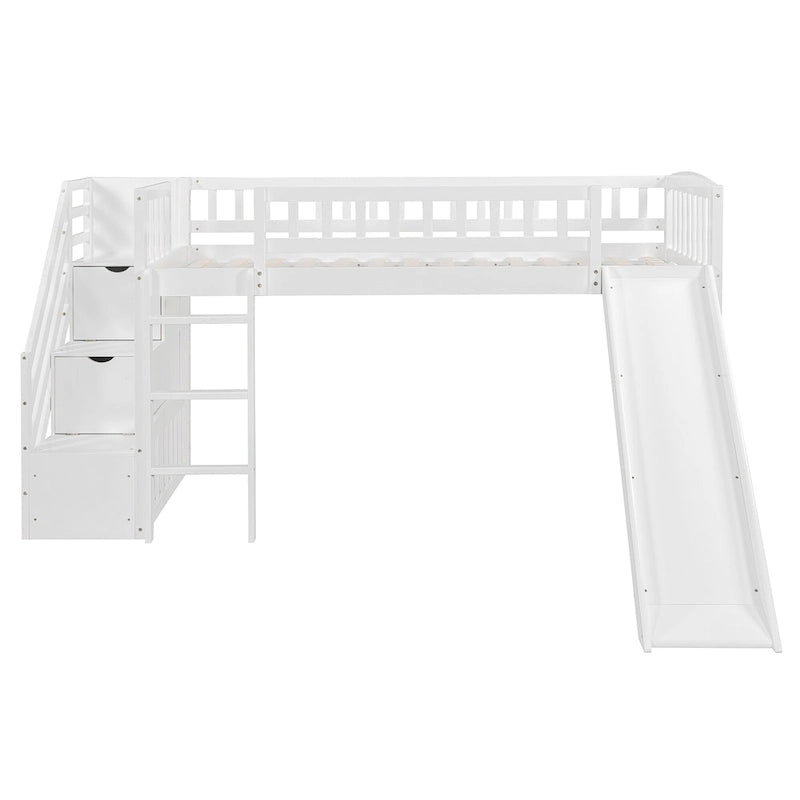Letto a soppalco singolo con scala, scivolo e 2 cassetti portaoggetti, struttura in legno, cameretta per bambini