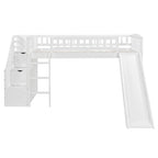Letto a soppalco singolo con scala, scivolo e 2 cassetti portaoggetti, struttura in legno, cameretta per bambini
