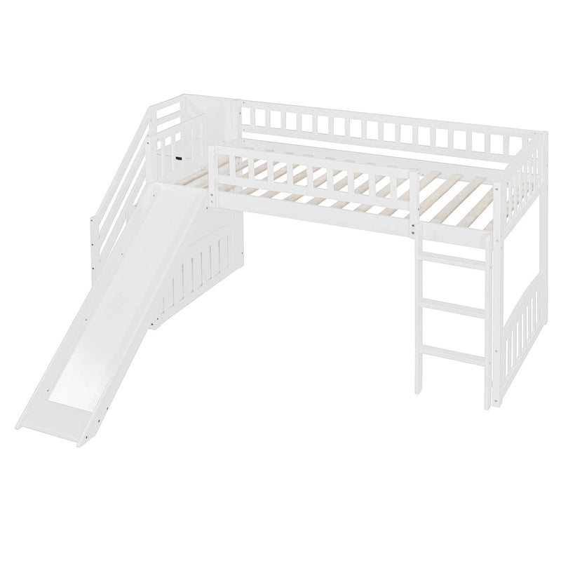 Letto a soppalco singolo con scala, scivolo e 2 cassetti portaoggetti, struttura in legno, cameretta per bambini
