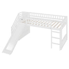 Letto a soppalco singolo con scala, scivolo e 2 cassetti portaoggetti, struttura in legno, cameretta per bambini