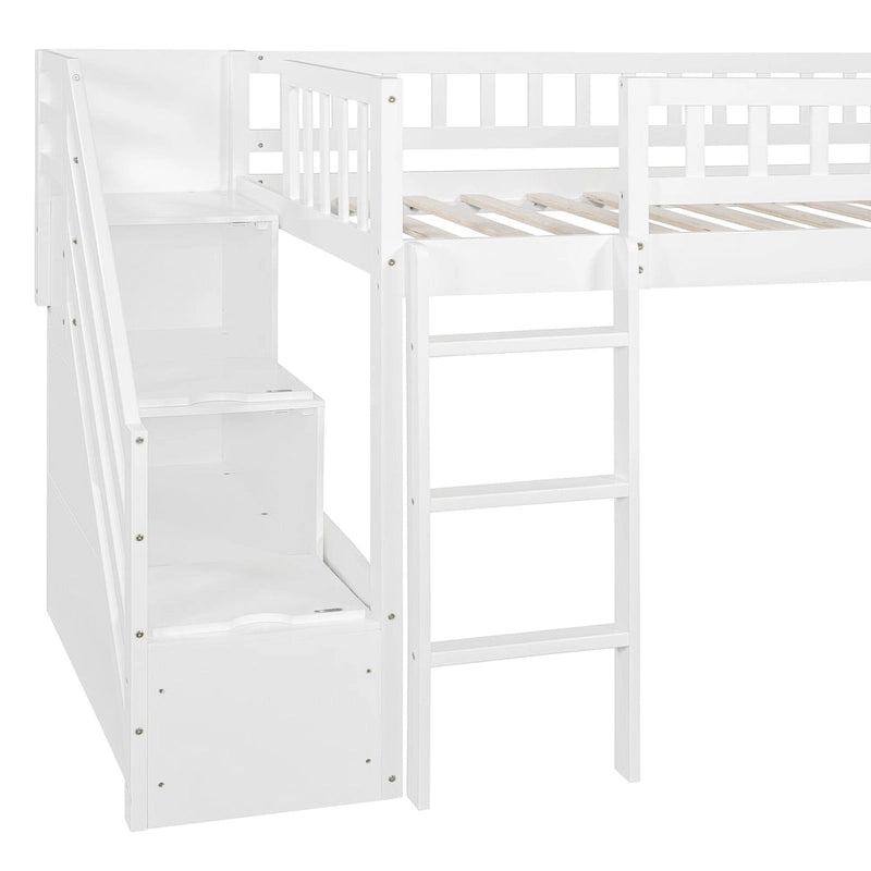 Letto a soppalco singolo con scala, scivolo e 2 cassetti portaoggetti, struttura in legno, cameretta per bambini