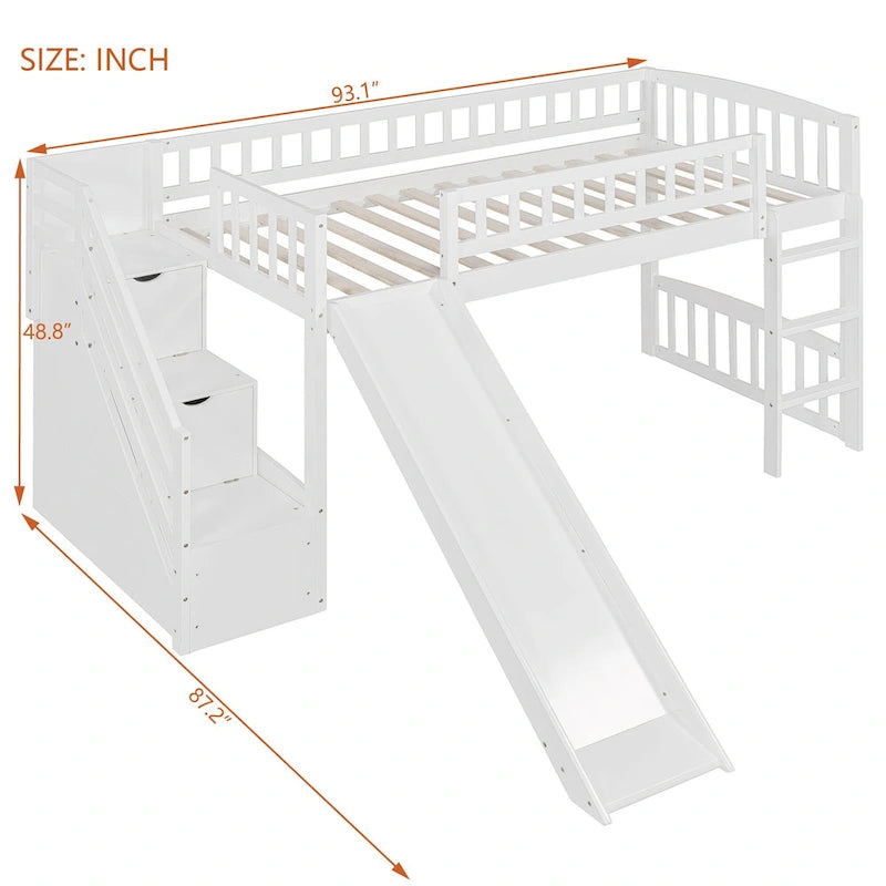 Letto a soppalco singolo con scala, scivolo e 2 cassetti portaoggetti, struttura in legno, cameretta per bambini