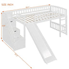 Letto a soppalco singolo con scala, scivolo e 2 cassetti portaoggetti, struttura in legno, cameretta per bambini