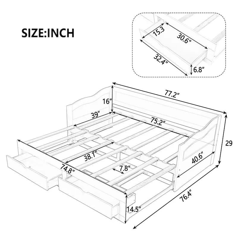 Divano letto con letto estraibile e cassetti contenitore