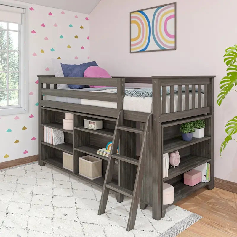 Letto a soppalco basso singolo con libreria a 3 e 6 ripiani, legno massello di pino, camera da letto per bambini