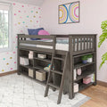 Letto a soppalco basso singolo con libreria a 3 e 6 ripiani, legno massello di pino, camera da letto per bambini