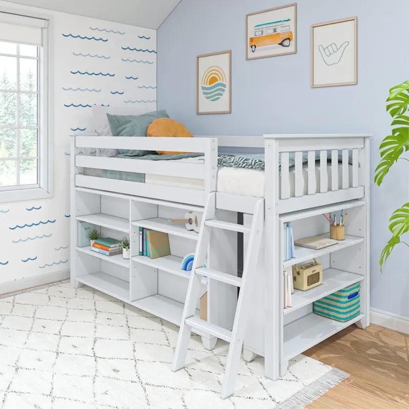 Letto a soppalco basso singolo con libreria a 3 e 6 ripiani, legno massello di pino, camera da letto per bambini