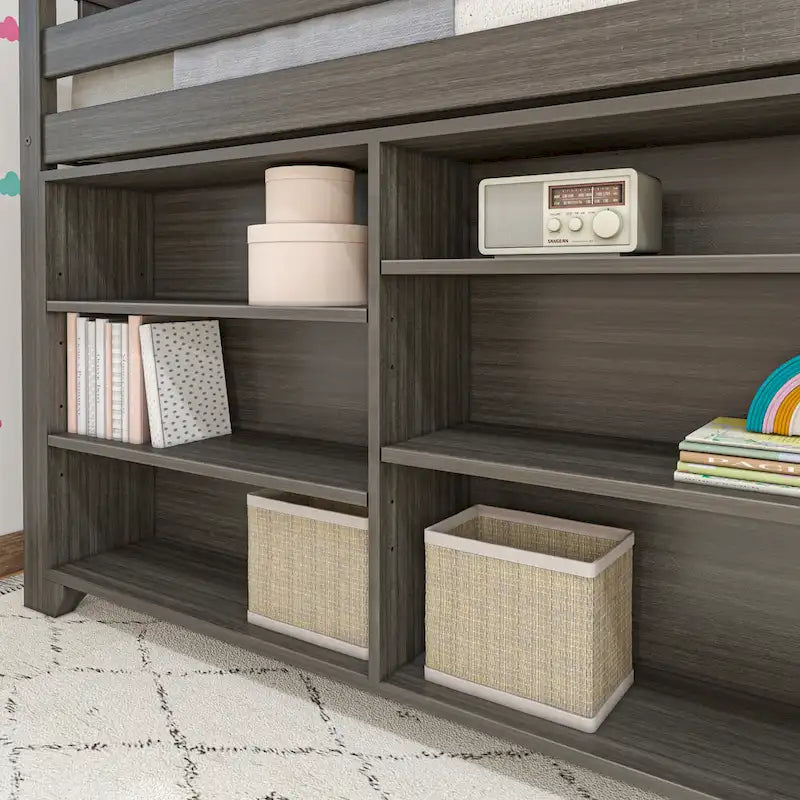 Letto a soppalco basso singolo con libreria a 3 e 6 ripiani, legno massello di pino, camera da letto per bambini
