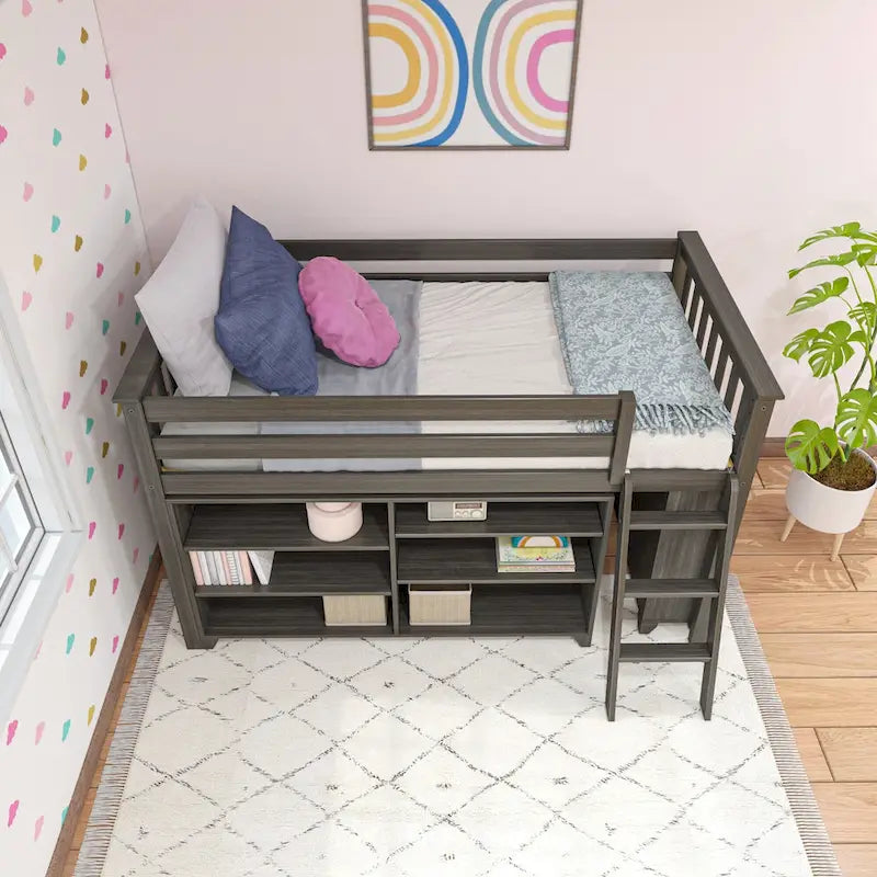 Letto a soppalco basso singolo con libreria a 3 e 6 ripiani, legno massello di pino, camera da letto per bambini