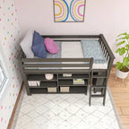 Letto a soppalco basso singolo con libreria a 3 e 6 ripiani, legno massello di pino, camera da letto per bambini