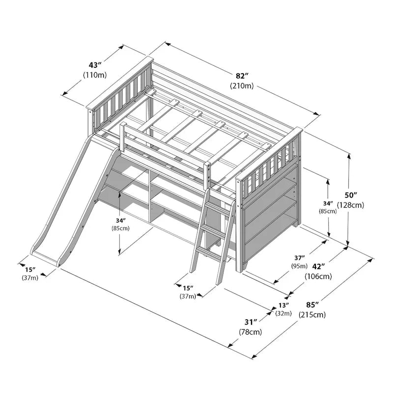 Letto a soppalco basso singolo con libreria a 3 e 6 ripiani, legno massello di pino, camera da letto per bambini