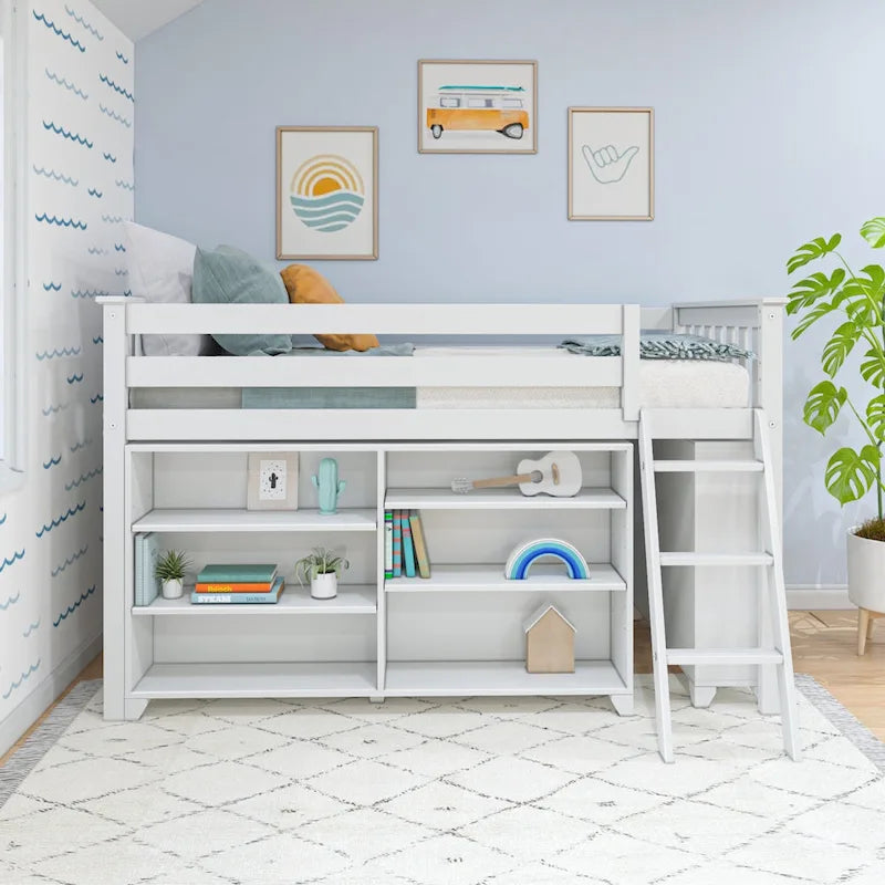 Letto a soppalco basso singolo con libreria a 3 e 6 ripiani, legno massello di pino, camera da letto per bambini