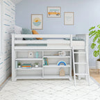 Letto a soppalco basso singolo con libreria a 3 e 6 ripiani, legno massello di pino, camera da letto per bambini