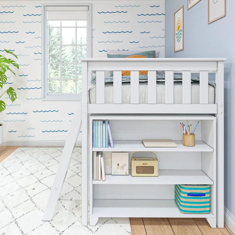 Letto a soppalco basso singolo con libreria a 3 e 6 ripiani, legno massello di pino, camera da letto per bambini