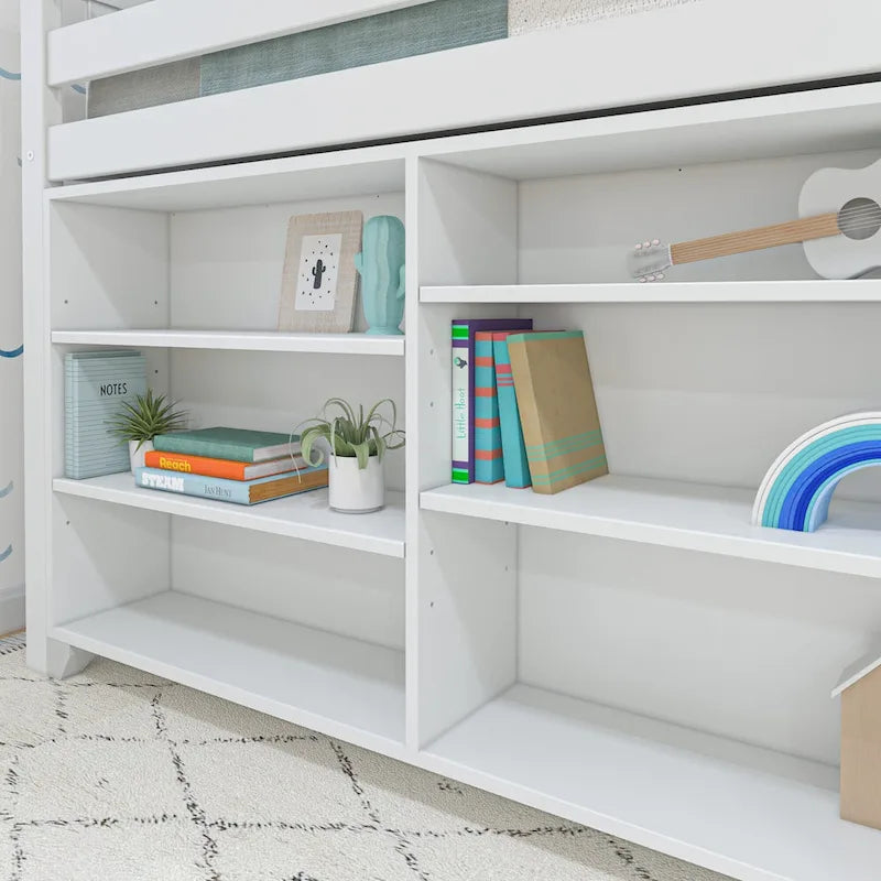 Letto a soppalco basso singolo con libreria a 3 e 6 ripiani, legno massello di pino, camera da letto per bambini