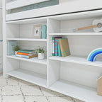 Letto a soppalco basso singolo con libreria a 3 e 6 ripiani, legno massello di pino, camera da letto per bambini