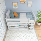 Letto a soppalco basso singolo con libreria a 3 e 6 ripiani, legno massello di pino, camera da letto per bambini