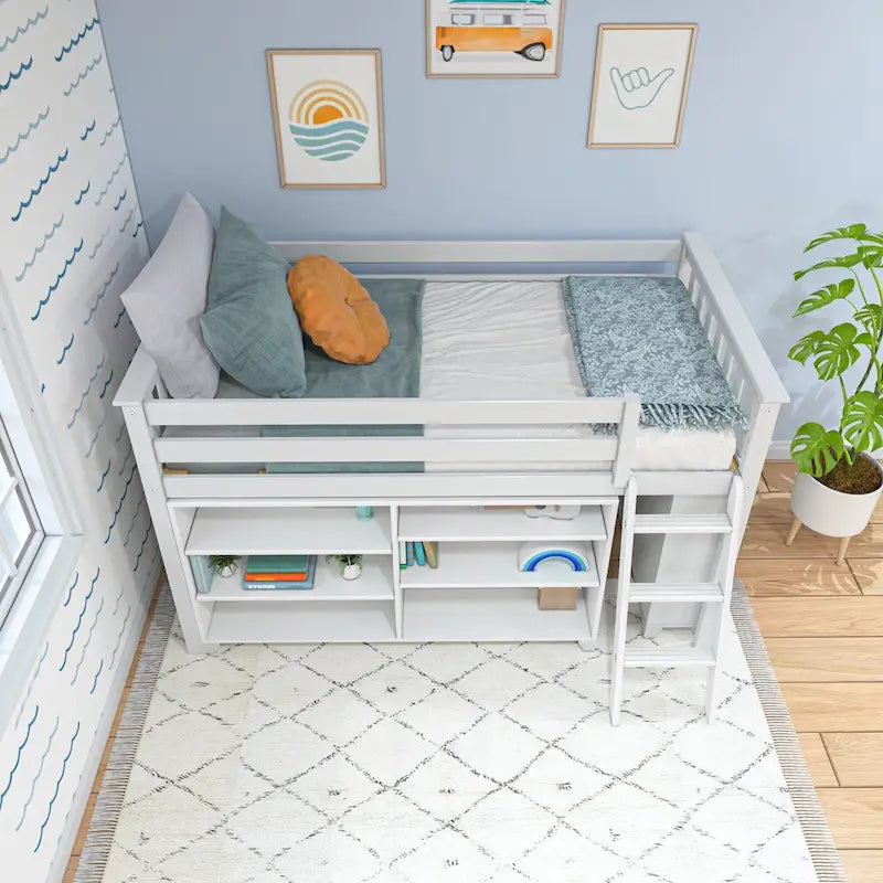 Letto a soppalco basso singolo con libreria a 3 e 6 ripiani, legno massello di pino, camera da letto per bambini