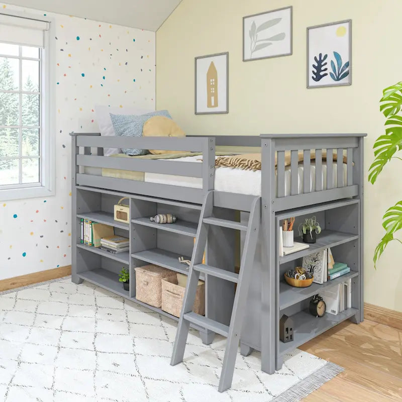Letto a soppalco basso singolo con libreria a 3 e 6 ripiani, legno massello di pino, camera da letto per bambini