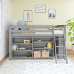 Letto a soppalco basso singolo con libreria a 3 e 6 ripiani, legno massello di pino, camera da letto per bambini